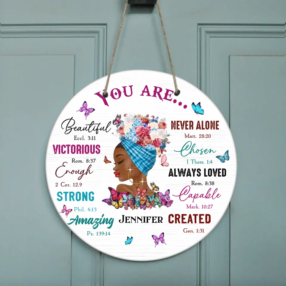 Personalized African American Girl Circle Door Sign - Gift Idea For Birthday - You Are Beautiful, Victorious