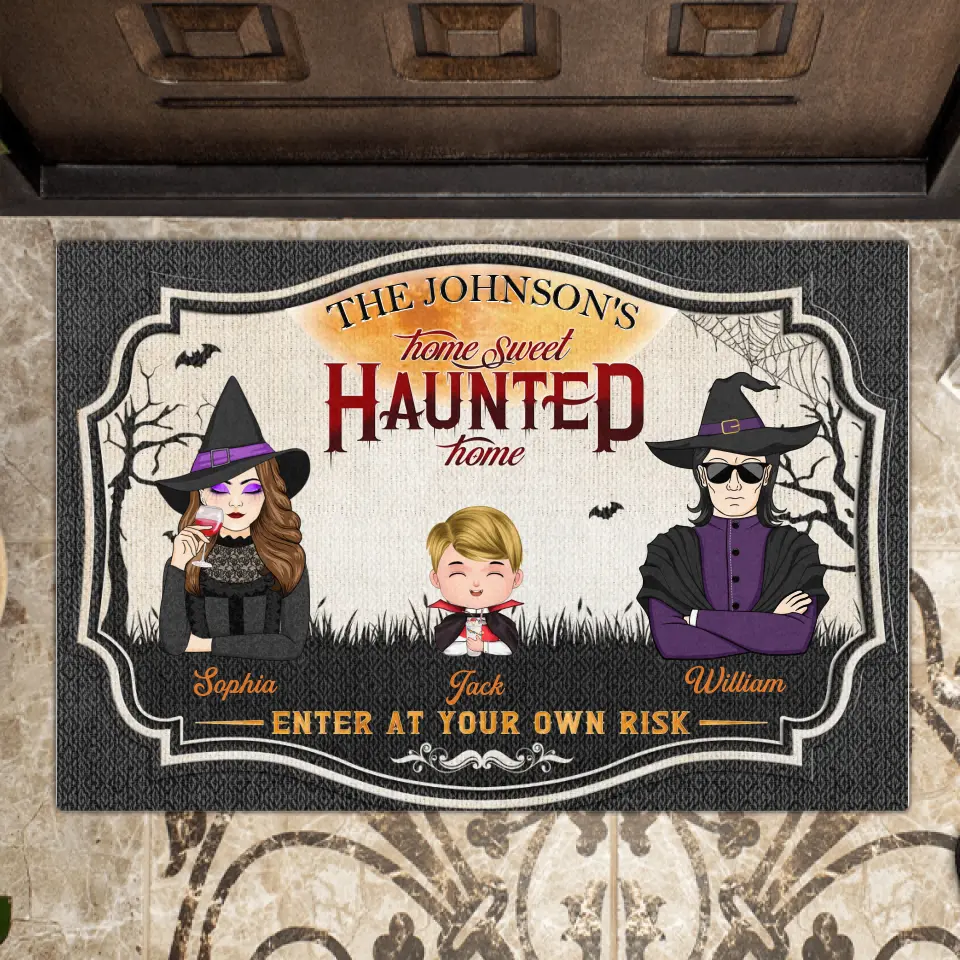 Personalized Witch Family Doormat - Up to 4 Kids - Halloween Gift Idea for Family - Home Sweet Haunted Home