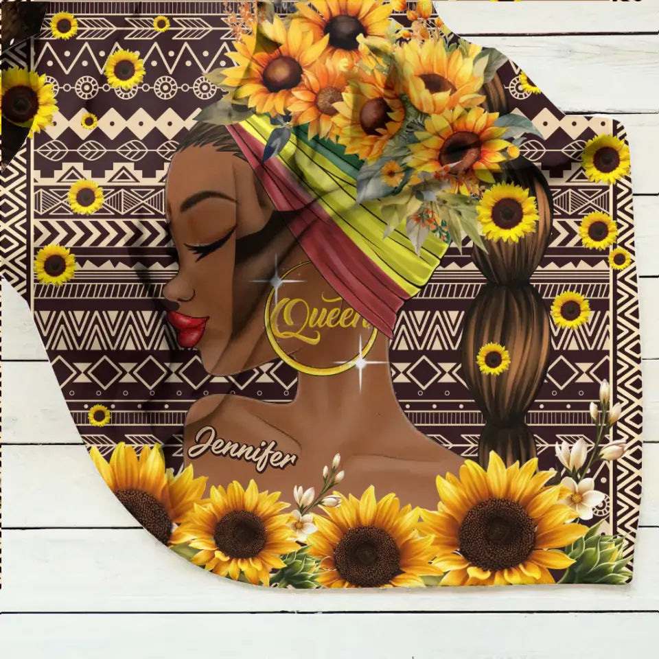 Personalized Sunflower Girl Fleece Throw Blanket/Quilt - Gift Idea for Black Girl/Black Woman/Afro Black Girl