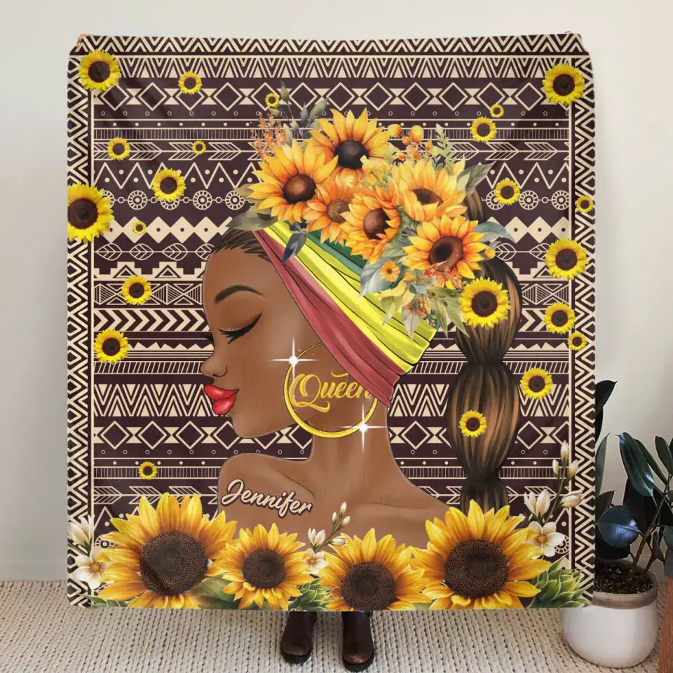 Personalized Sunflower Girl Fleece Throw Blanket/Quilt - Gift Idea for Black Girl/Black Woman/Afro Black Girl