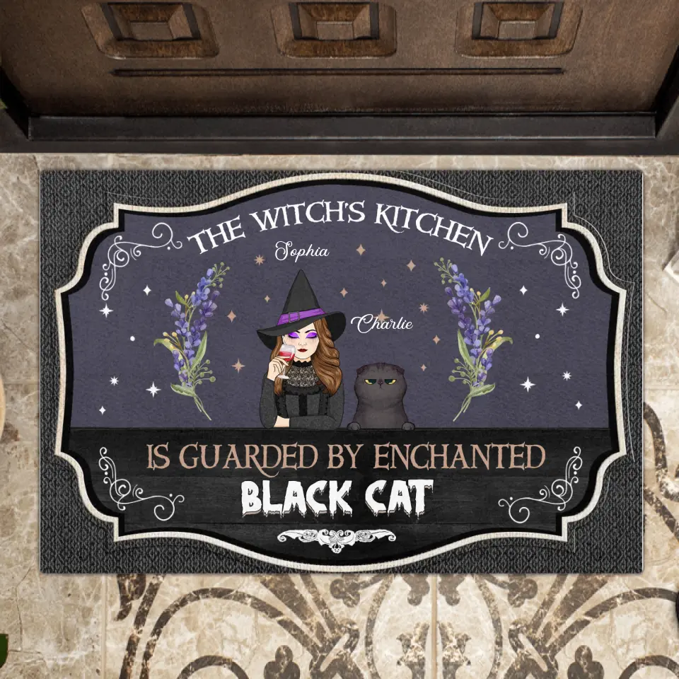 Personalized Witch Doormat - Halloween Gift Idea for Cat Lovers - The Witch's Kitchen Is Guarded By Enchanted Black Cat