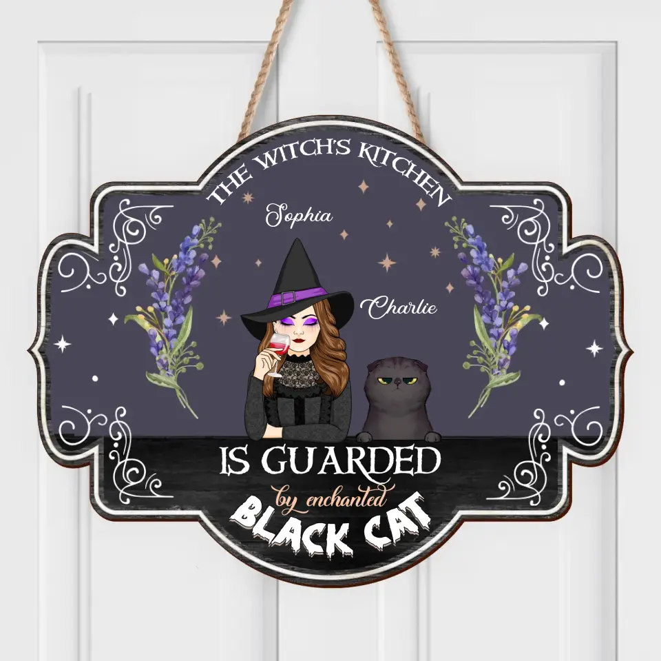 Personalized Witch Wooden Sign - Halloween Gift Idea for Cat Lovers - The Witch's Kitchen Is Guarded By Enchanted Black Cat