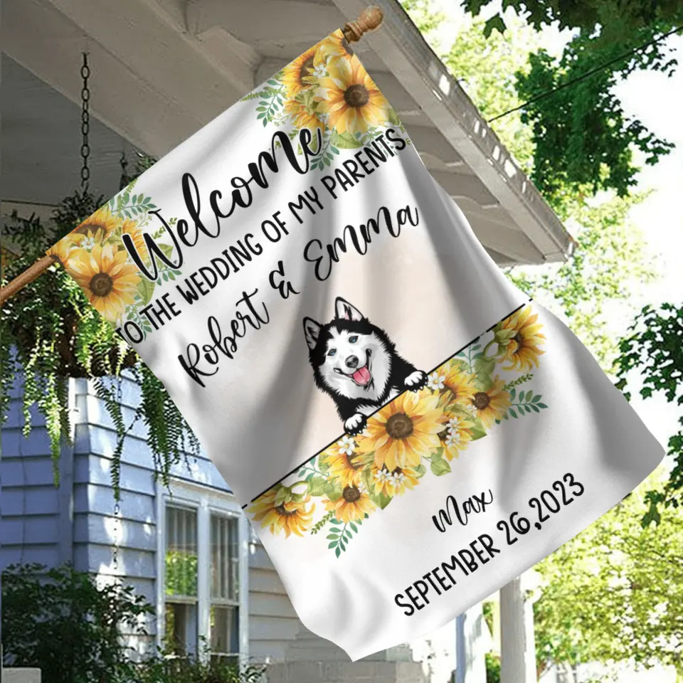 Personalized Dog Wedding Flag Sign - Up to 5 Dogs - Wedding Gift Idea For Couple/Dog Lover - Welcome To The Wedding Of Our Parents