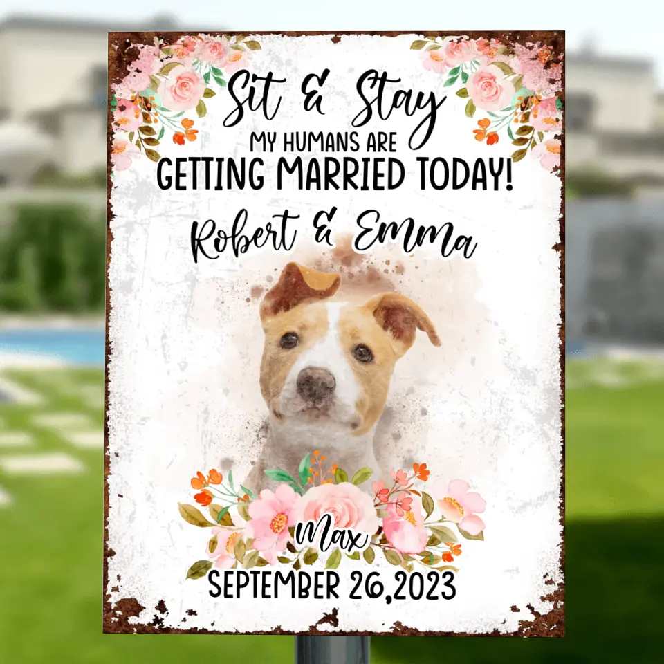 Personalized Dog Wedding Metal Sign - Upload Photo - Wedding Gift Idea For Couple/Dog Lover -  Sit & Stay My Humans Are Getting Married Today