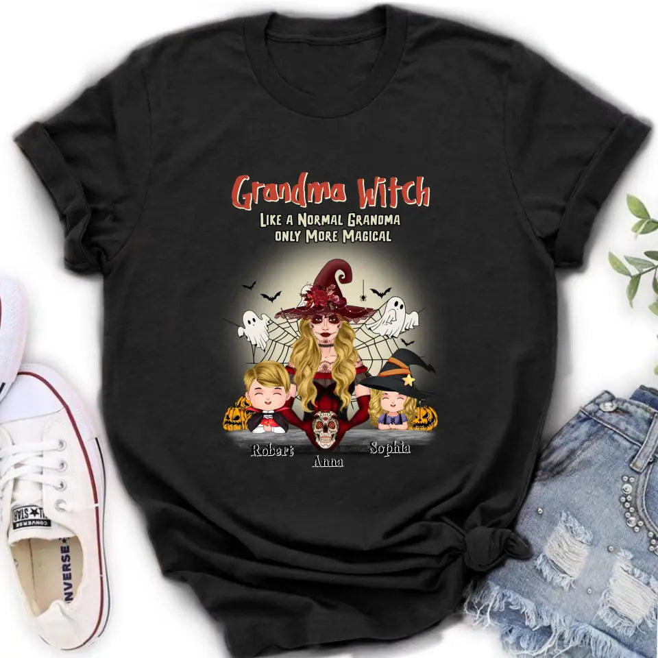 Personalized Grandma Witch Shirt/Hoodie - Gift Idea For Halloween - Up to 2 Kids - Grandma Witch Like A Normal Grandma Only More Magical