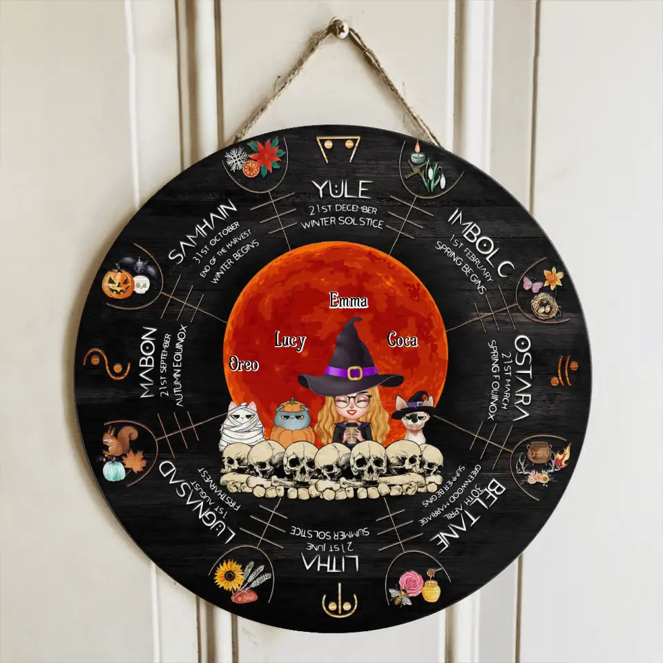 Personalized Witch Mom Circle Door Sign - Best Gift Idea For Halloween/Mom/Pet Lovers - Up to 3 Pets - Winter Solstice
