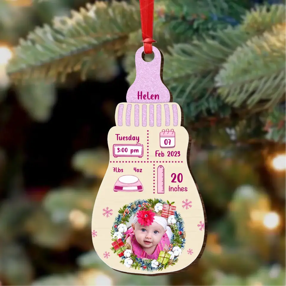 Personalized Newborn Baby Bottle Wooden Ornament - Custom Baby Photo - Gift Idea For Baby/ Christmas