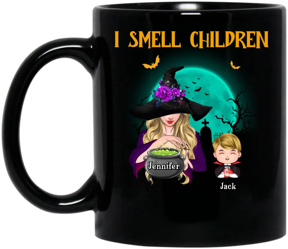Personalized Witch Coffee Mug - Halloween Gift Idea For Grandma/Mother - Woman With Up to 6 Kids - I Smell Children