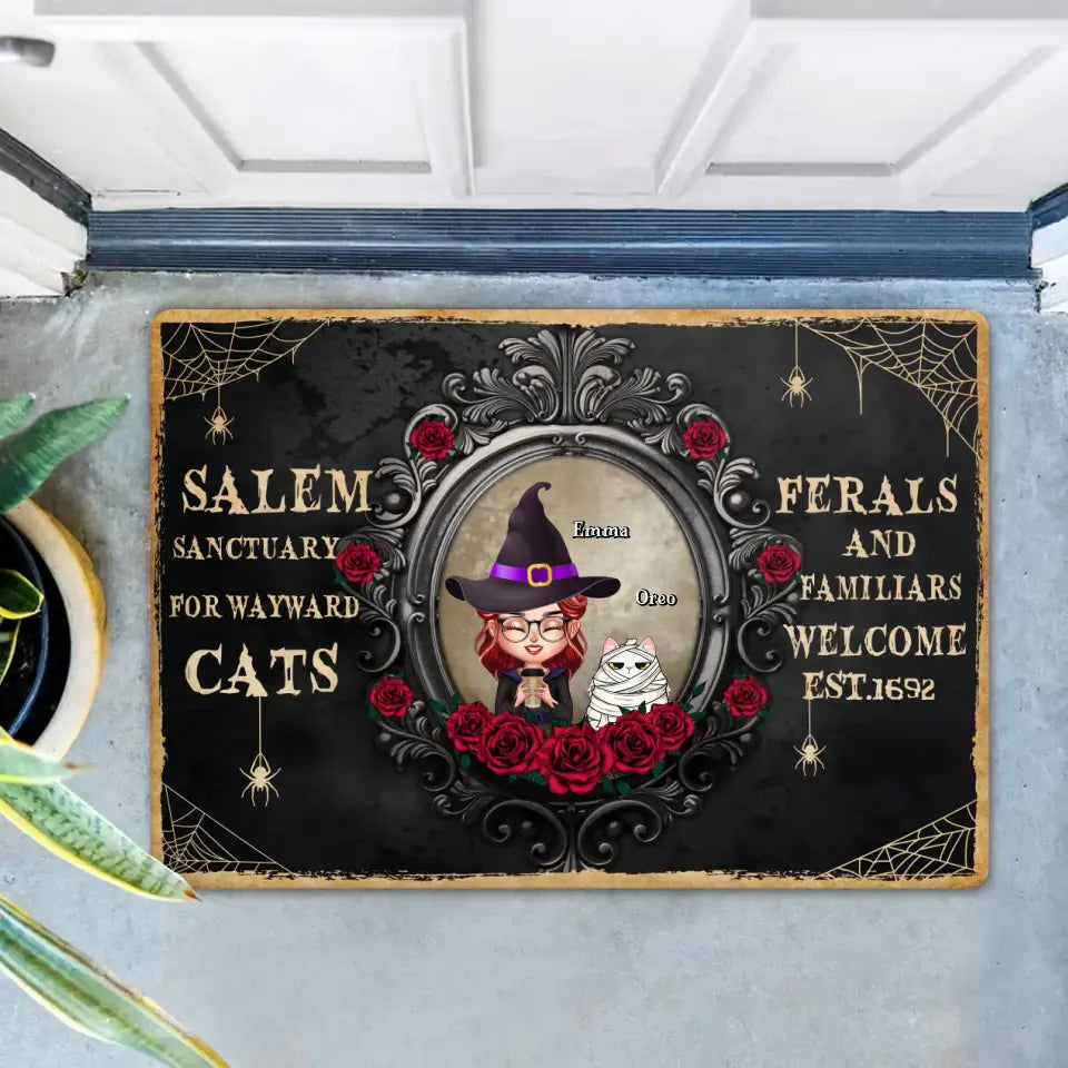Personalized Halloween Cat Mom Doormat - Up to 4 Cats - Halloween Gift For Cat Lovers/Wiccan Decor/Pagan Decor - Salem Sanctuary For Wayward Cats