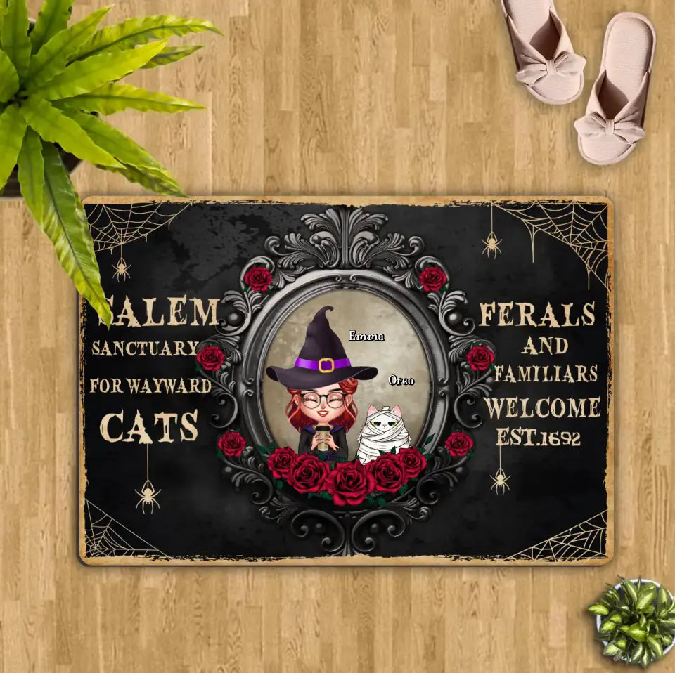 Personalized Halloween Cat Mom Doormat - Up to 4 Cats - Halloween Gift For Cat Lovers/Wiccan Decor/Pagan Decor - Salem Sanctuary For Wayward Cats
