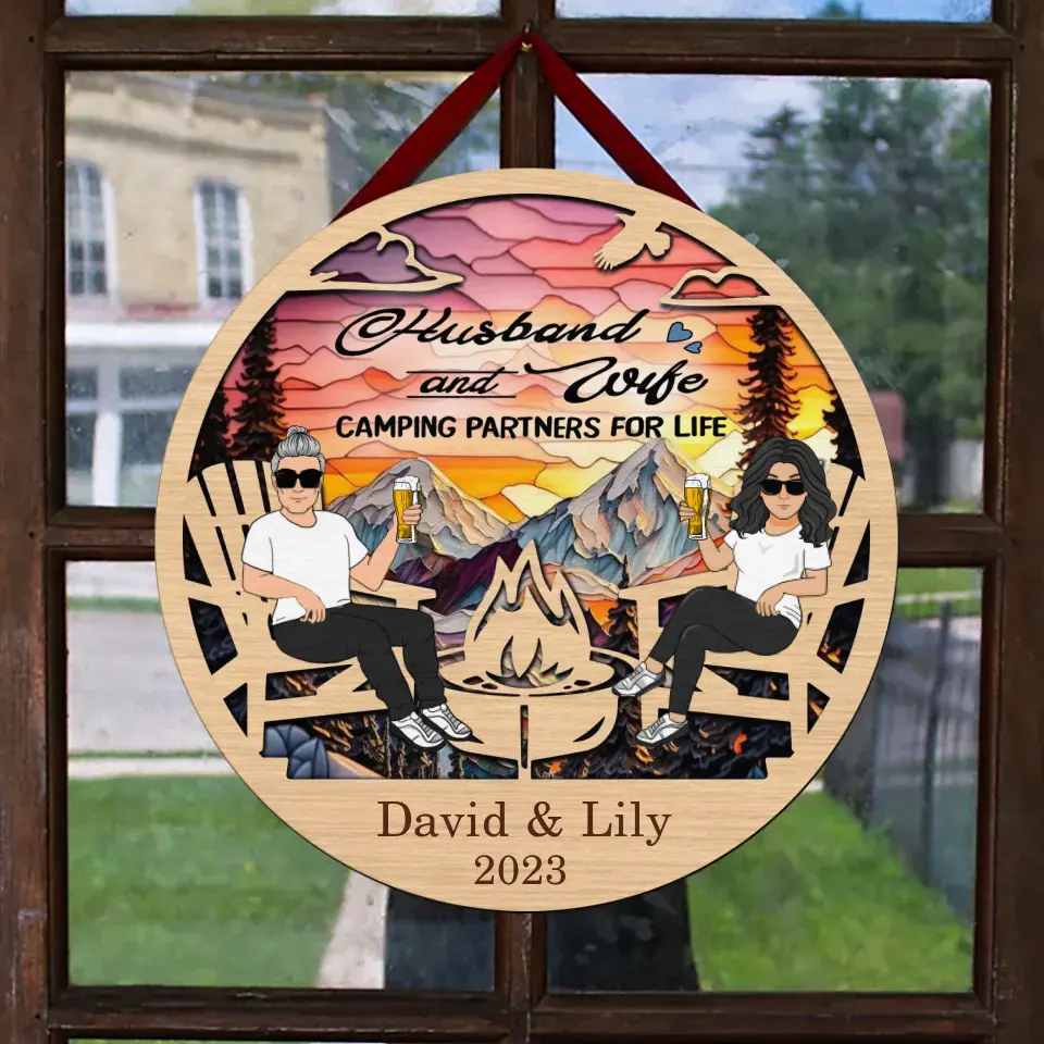 Personalized Camping Campfire Stained Glass Suncatcher Wooden Sign - Gift For Couple/Camping Lover - Husband And Wife Camping Partners For Life