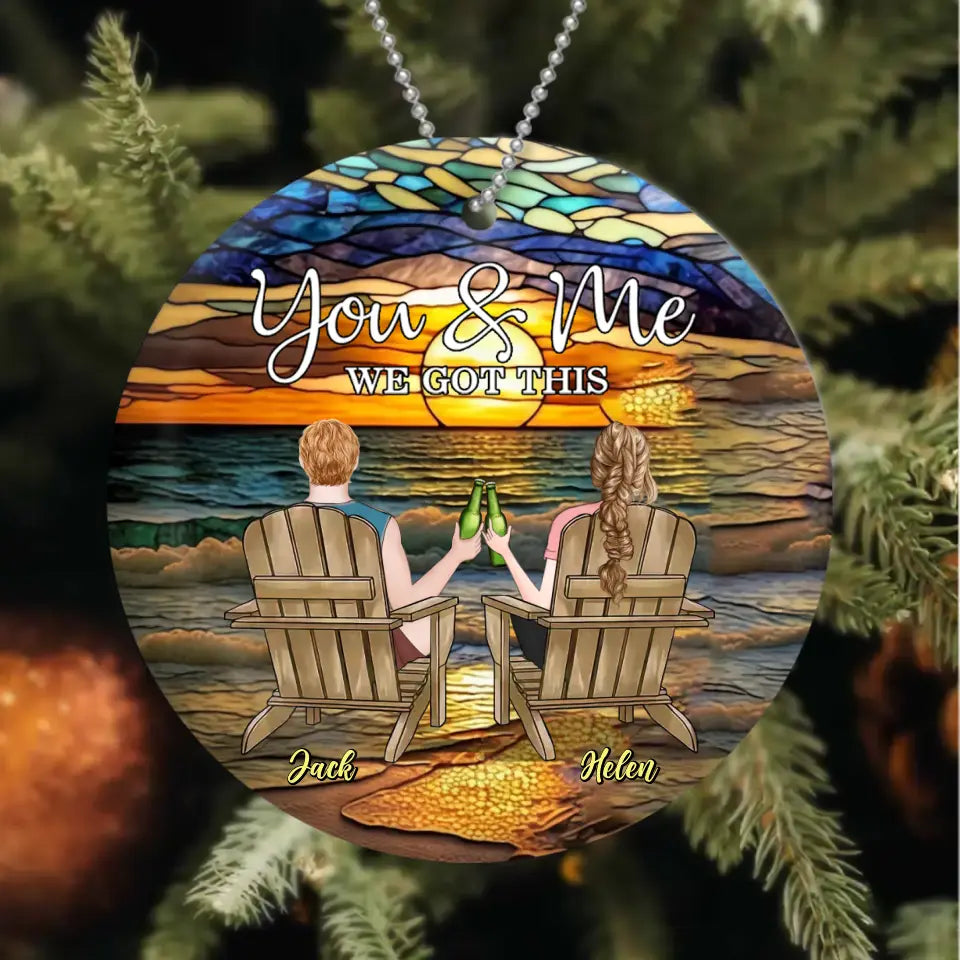 Personalized Couple Sitting At Beach Circle Wooden Ornament - Gift Idea For Couple/Anniversary - You And Me We Got This