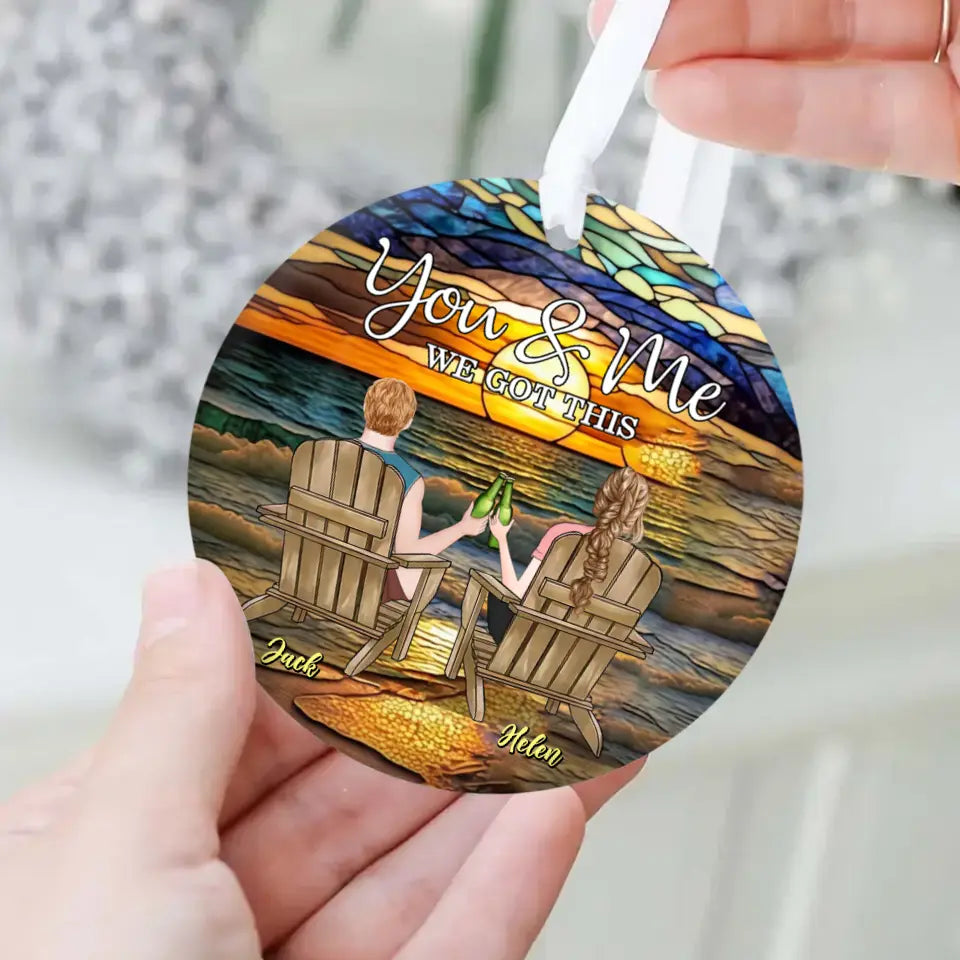 Personalized Couple Sitting At Beach Circle Wooden Ornament - Gift Idea For Couple/Anniversary - You And Me We Got This