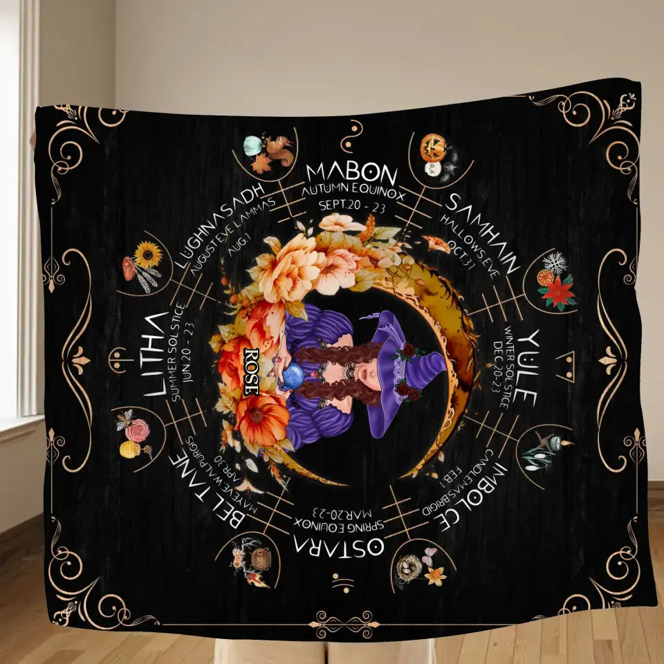 Personalized Witch Calendar Floral Frame Fleece Throw Blanket/Quilt - Gift Idea For Halloween/Witch Lovers