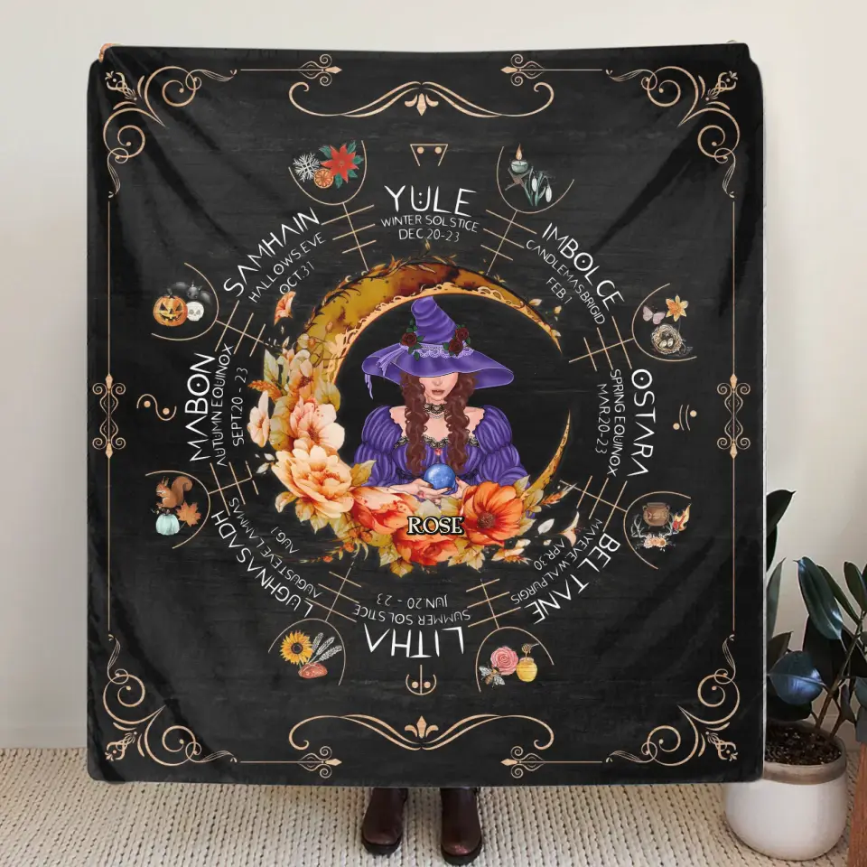 Personalized Witch Calendar Floral Frame Fleece Throw Blanket/Quilt - Gift Idea For Halloween/Witch Lovers