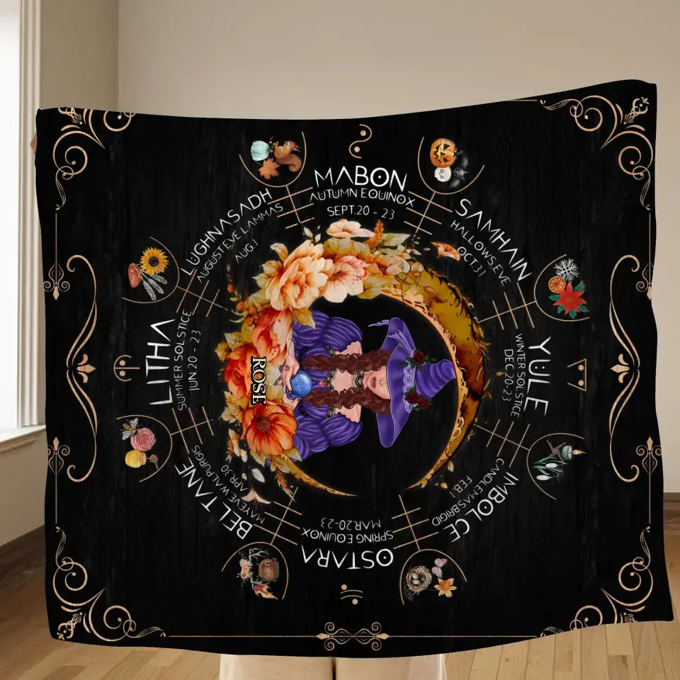 Personalized Witch Calendar Floral Frame Fleece Throw Blanket/Quilt - Gift Idea For Halloween/Witch Lovers