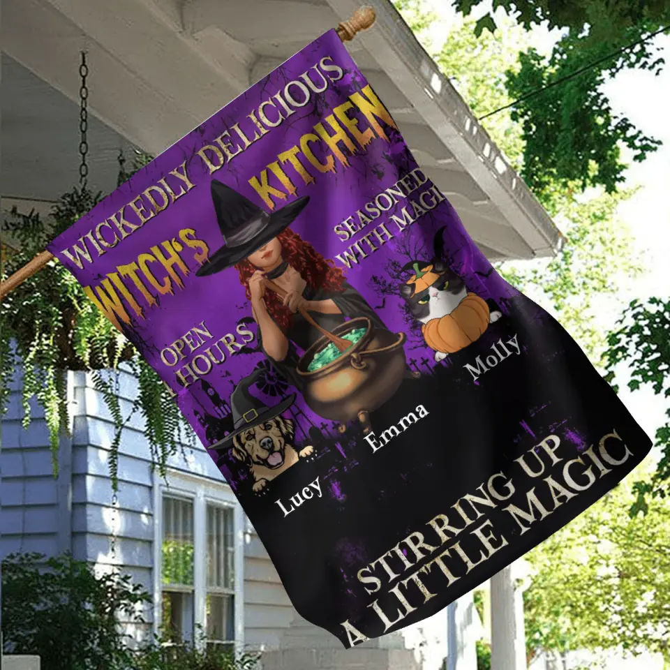 Personalized Witch Flag Sign - Halloween/Witch/Pagan/Wicca Decor/Pet Lovers Gift With Up to 6 Pets - Wickedly Delicious Witch's Kitchen
