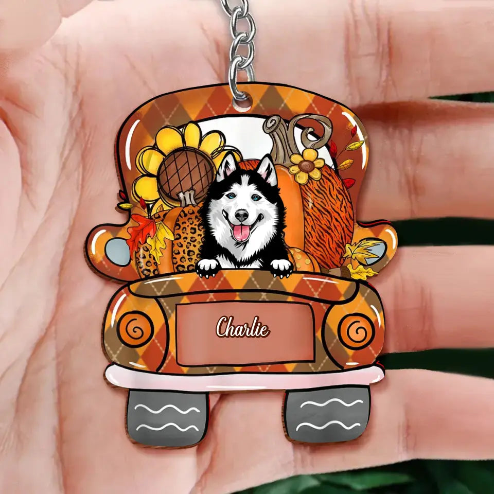 Personalized Dog Fall Season Wooden Keychain - Gift Idea For Dog Lover - Custom Up to 3 Dogs