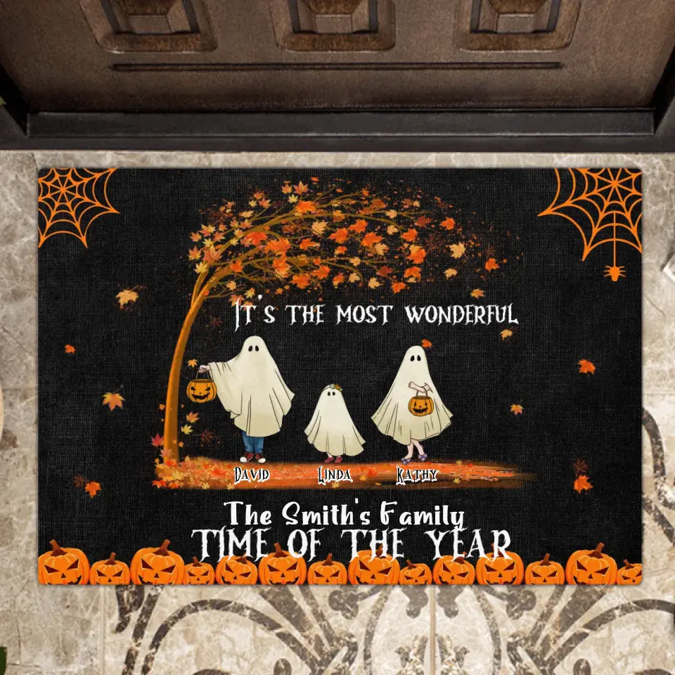 Personalized Halloween Ghost Family Doormat - Halloween Gift For Couple/Family - Up to 6 People With 3 Pets - It's The Most Wonderful Time Of The Year