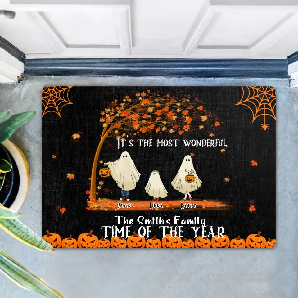 Personalized Halloween Ghost Family Doormat - Halloween Gift For Couple/Family - Up to 6 People With 3 Pets - It's The Most Wonderful Time Of The Year