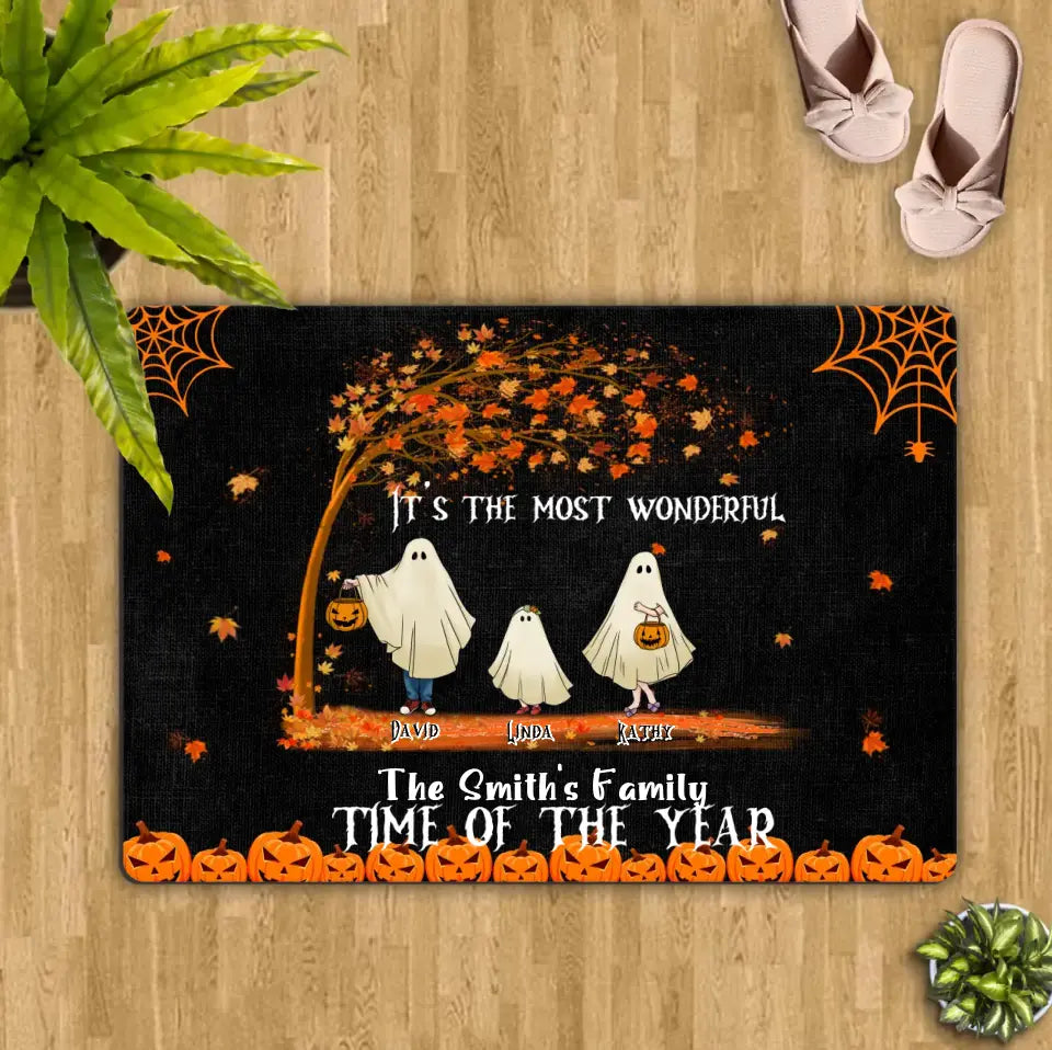 Personalized Halloween Ghost Family Doormat - Halloween Gift For Couple/Family - Up to 6 People With 3 Pets - It's The Most Wonderful Time Of The Year