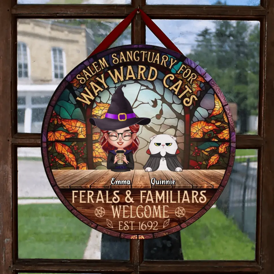 Personalized Witch Wooden Sign - Single/Couple with Up to 6 Cats/Dogs - Gift Idea For Halloween/Wicca Decor/Pagan Decor - Salem Sanctuary For Wayward Cats