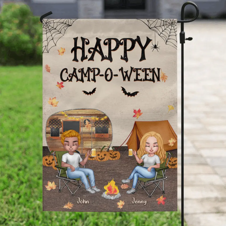 Personalized Halloween Camping Flag Sign - Up to 7 People - Halloween/Autumn Gift Idea for Camping Lovers/Couple/Friends - Happy Camp-O-Ween