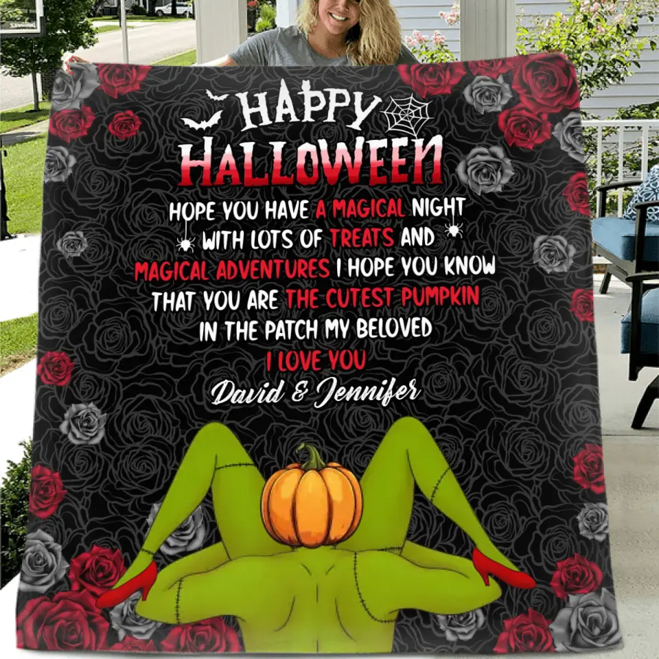 Personalized Halloween Fleece Throw Blanket/Quilt - Gift Idea For Couple/ Halloween - Happy Halloween
