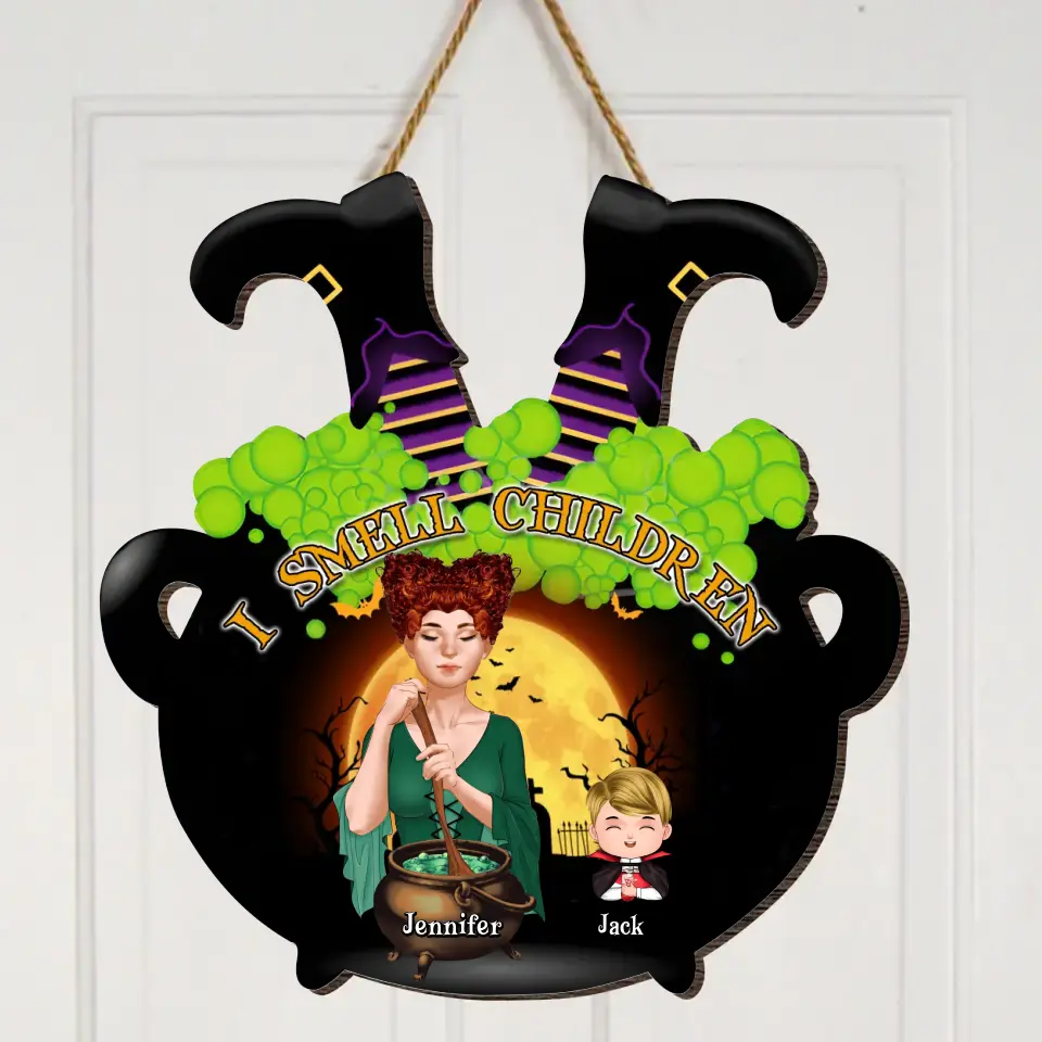 Personalized Grandma Witch Wooden Sign - Halloween Gift Idea For Grandma/Mother - Woman With Up to 6 Kids - I Smell Children