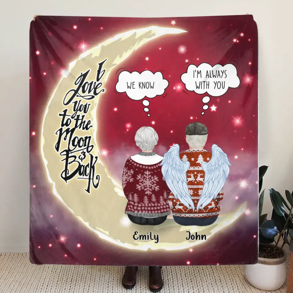 Personalized Memorial Pillow Cover/Quilt/Fleece Throw Blanket - Parents with up to 2 Children - Memorial Gift for Christmas - I Love You To The Moon & Back