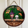 Personalized Witch Wooden Sign - Single/Couple with Up to 6 Cats/Dogs - Gift Idea For Halloween/Pet Lovers - Beware Of Cat Witch Brewing Trouble Too
