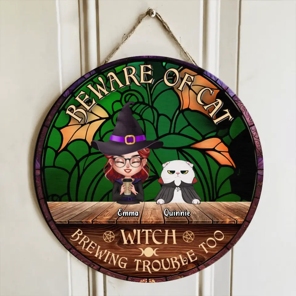Personalized Witch Wooden Sign - Single/Couple with Up to 6 Cats/Dogs - Gift Idea For Halloween/Pet Lovers - Beware Of Cat Witch Brewing Trouble Too