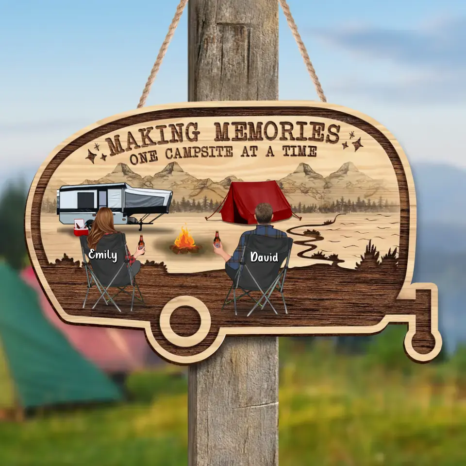 Personalized Camping Wooden Sign - Couple with Up to 2 Kids & 2 Pets - Gift Idea For Camping Lovers/Couple/Family - Making Memories One Campsite At A Time