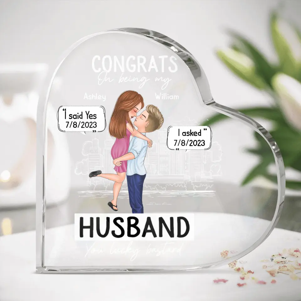 Personalized Couple Crystal Heart - Wedding/Anniversary Gift Idea for Couple -Congrats On Being My Husband You Lucky Bastard