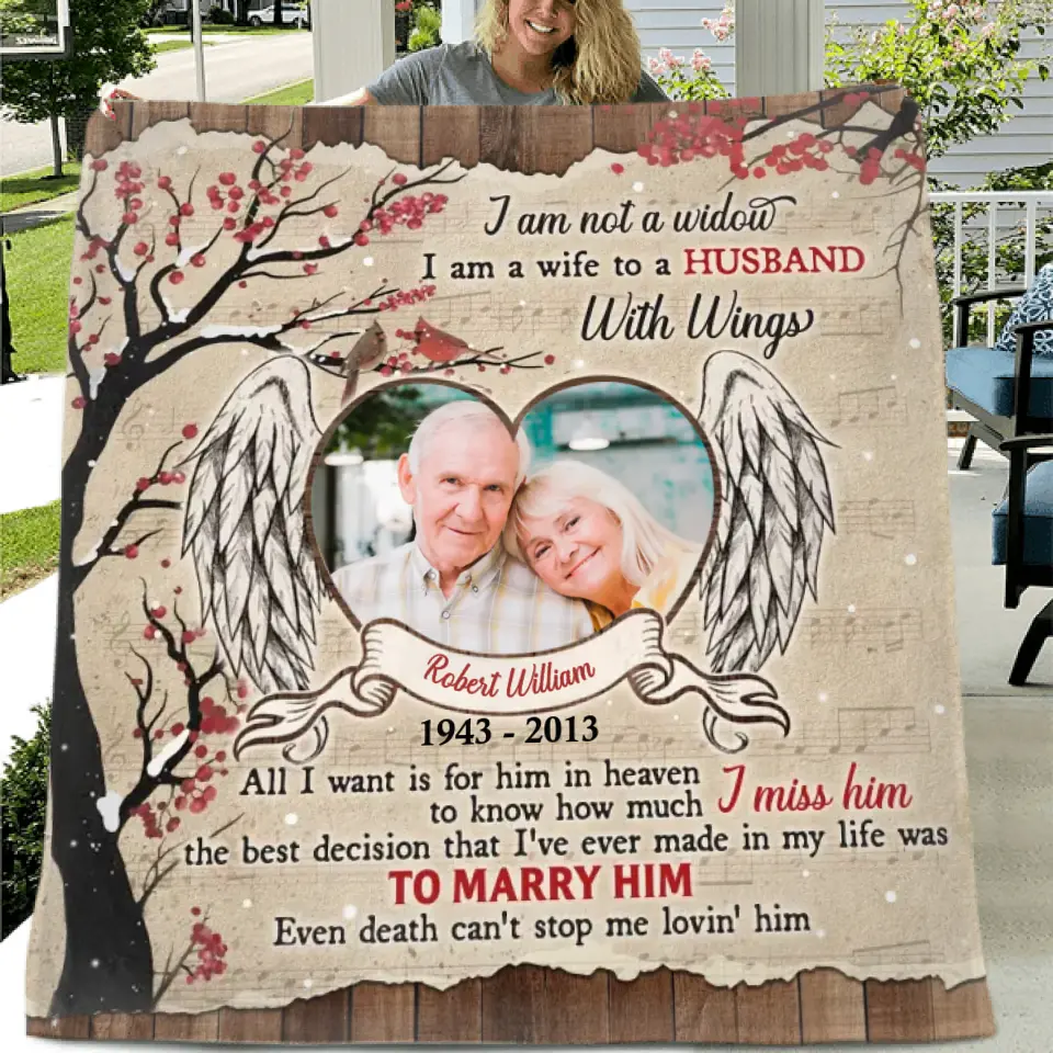 Custom Memorial Photo Fleece Throw Blanket/Quilt/Pillow Cover - Memorial Gift Idea for Family - I Am A Wife To A Husband With Wings