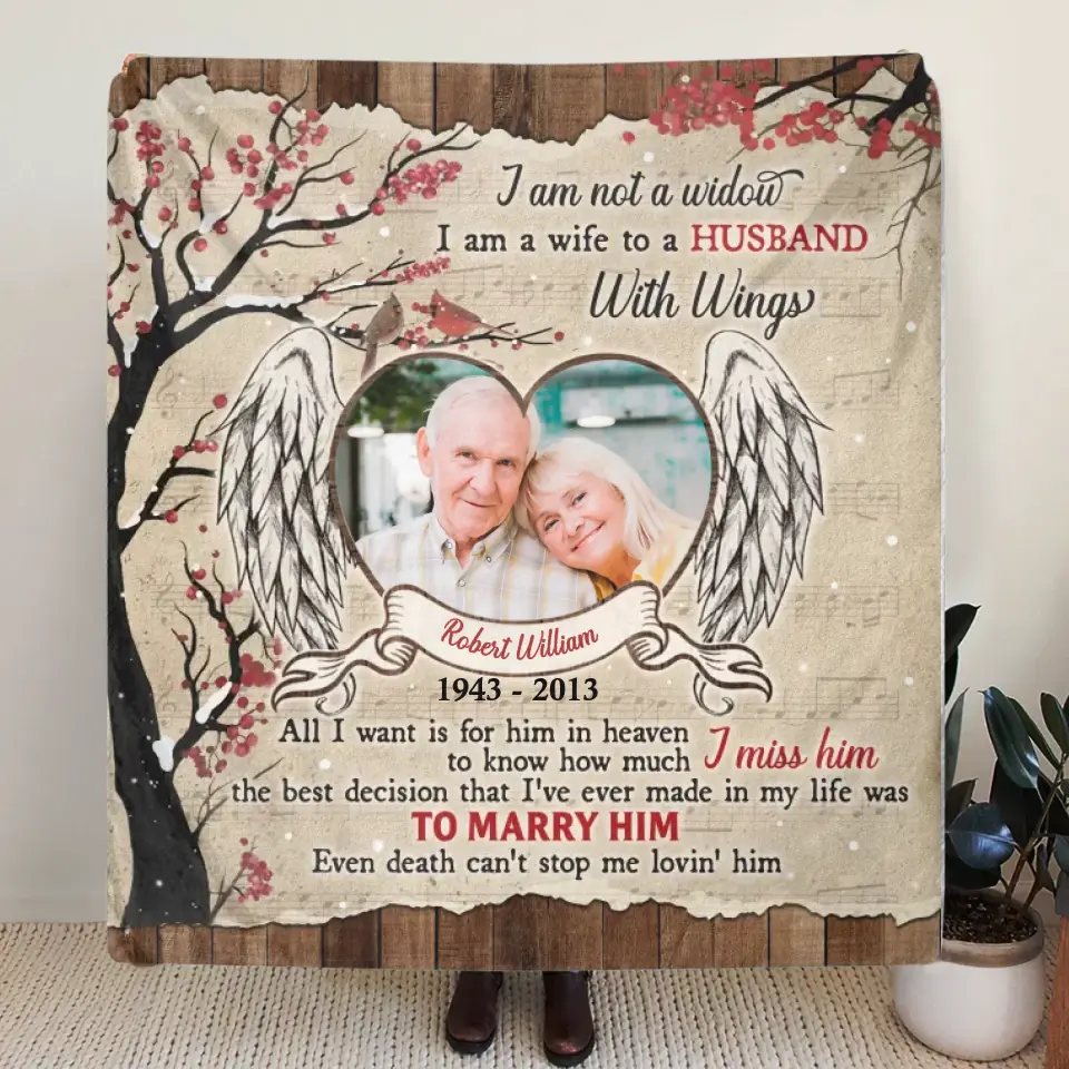 Custom Memorial Photo Fleece Throw Blanket/Quilt/Pillow Cover - Memorial Gift Idea for Family - I Am A Wife To A Husband With Wings