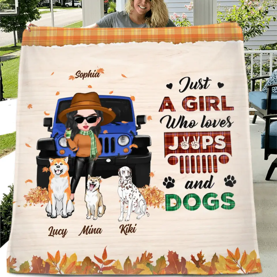 Personalized Off-road Autumn Girl Fleece Throw Blanket/Quilt - Gift Idea For Girl/Dog Lovers - Up to 3 Dogs - Just A Girl