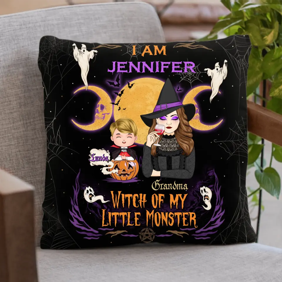 Personalized Grandma & Grandkid Witch Pillow Cover  - Halloween Gift For Grandkid - Up to 4 Kids - I Am Witch Of My Little Monsters