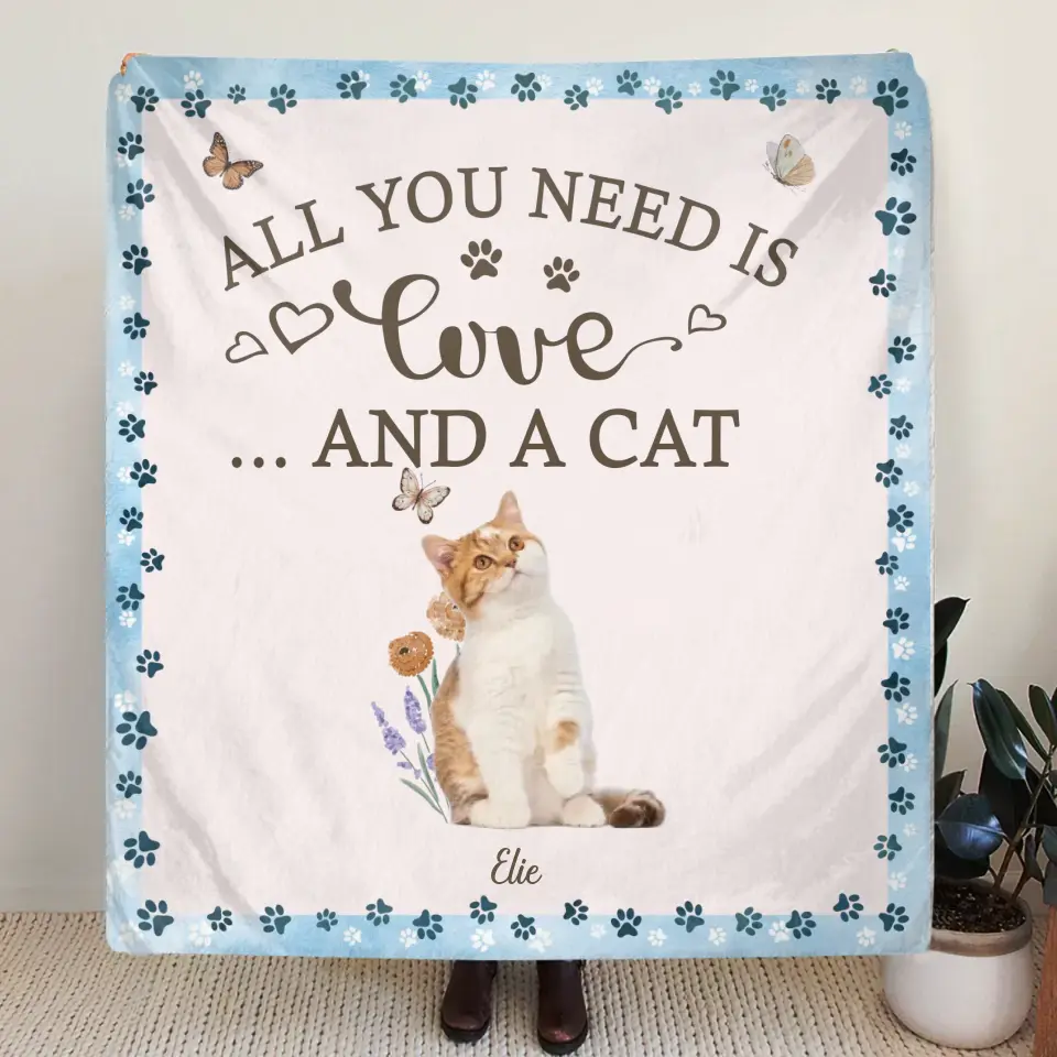 Personalized Cat Photo Fleece Throw Blanket/Quilt - Gift Idea For Cat Lover - All You Need Is Love And Cats