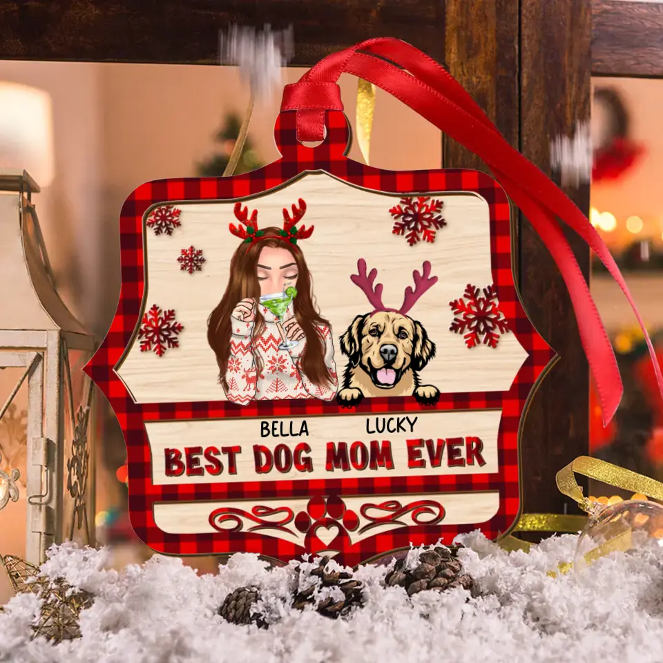 Personalized Dog Mom Wooden Ornament - Up to 4 Dogs - Christmas Gift Idea for Dog Lovers - Best Dog Mom Ever