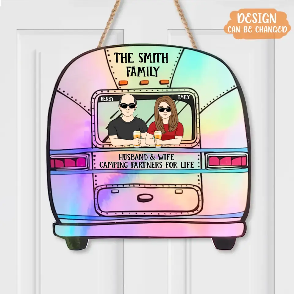 Personalized Airstream Camping Family Wooden Sign - Gift Idea For Couple/Camping Lovers - Husband & Wife Camping Partners For Life
