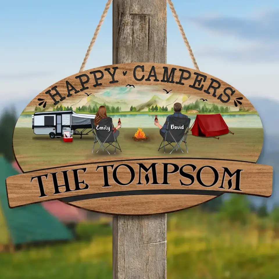 Personalized Couple Camping Wooden Sign - Gift Idea For Camping Lovers - Couple/ Up to 3 Kids & 3 Pets
