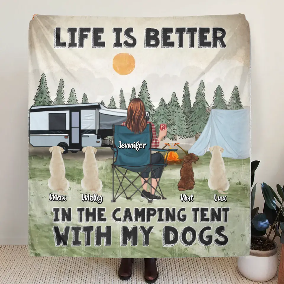 Personalized Camping Quilt/Fleece Throw Blanket/Pillow Cover - Gift Idea For Girl & Dogs - Up to 4 Dogs - Life Is Better In The Camping Tent With My Dogs
