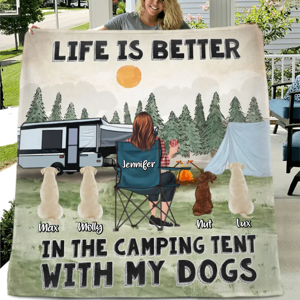 Personalized Camping Quilt/Fleece Throw Blanket/Pillow Cover - Gift Idea For Girl & Dogs - Up to 4 Dogs - Life Is Better In The Camping Tent With My Dogs