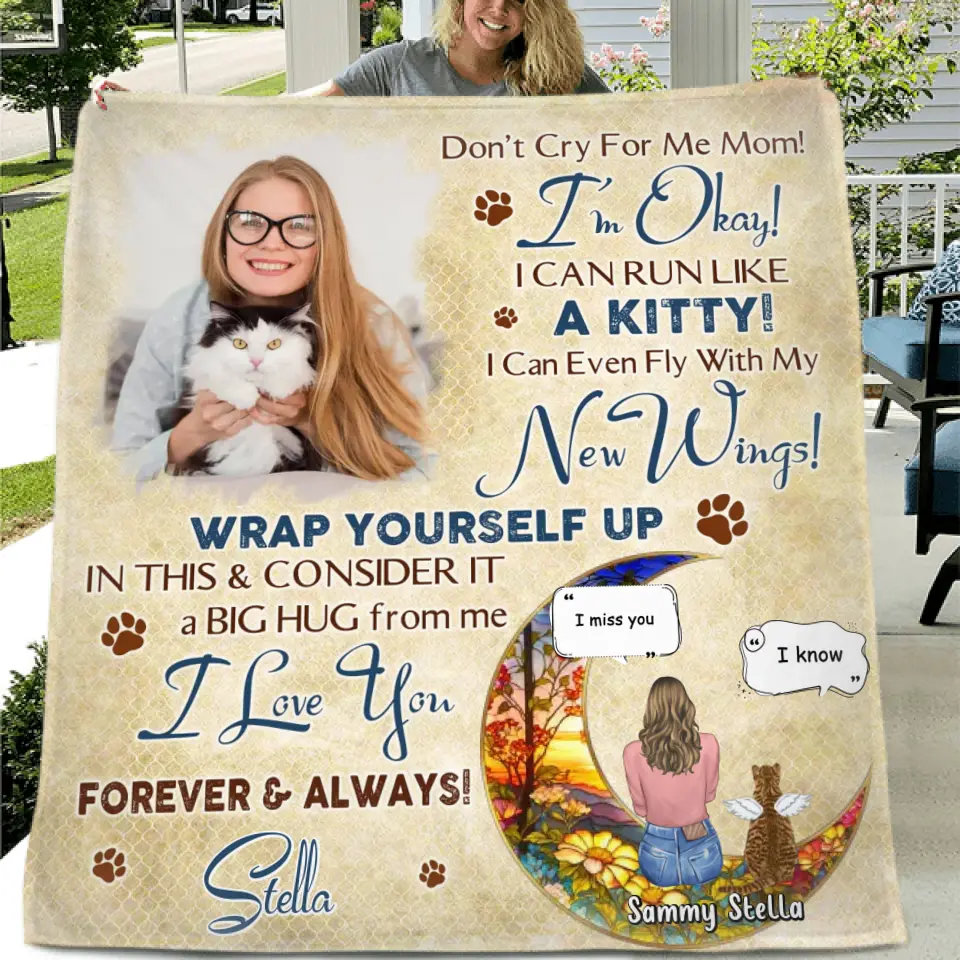 Personalized Memorial Fleece Throw Blanket & Quilt - Gift Idea For Cat Owner - Upload Photo - Don't Cry For Me Mom! I'm Okay!