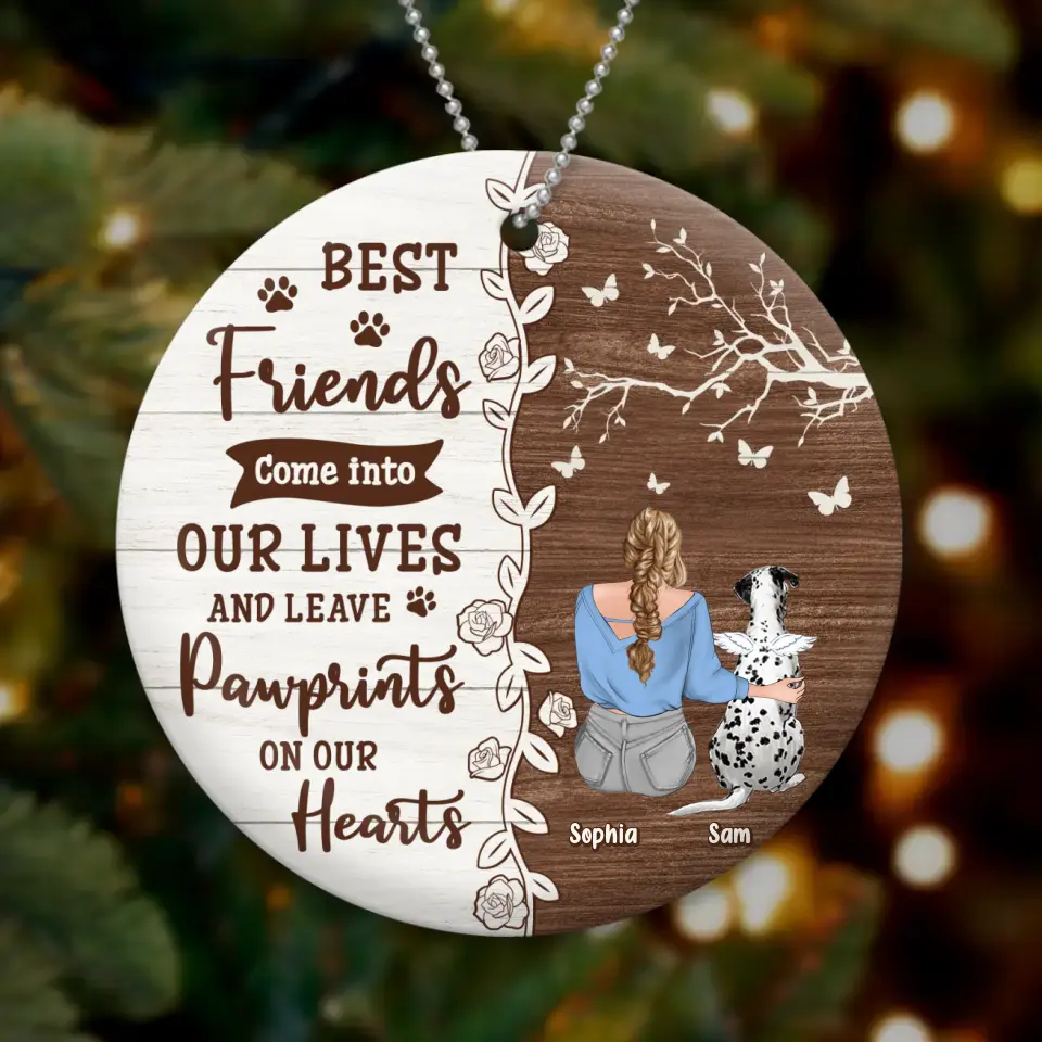 Personalized Memorial Dog Circle Wooden Ornament - Up to 3 Pets - Memorial Gift Idea For Dog/Cat Lover - Best Friends Come Into Our Lives And Leave Paw Prints On Our Hearts