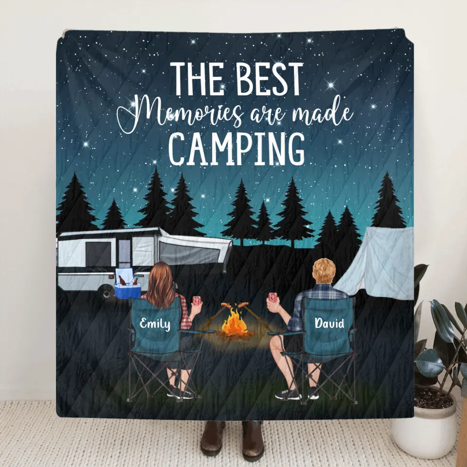Personalized Camping Quilt/Fleece Throw Blanket - Gift Idea For Couple, Camping Lovers, Family - Up to 5 Kids, 4 Pets - The Best Memories Are Made Camping