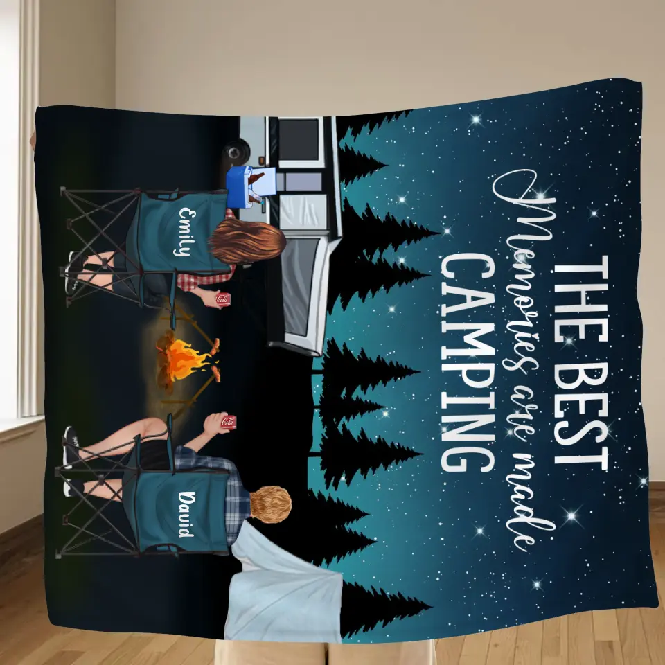 Personalized Camping Quilt/Fleece Throw Blanket - Gift Idea For Couple, Camping Lovers, Family - Up to 5 Kids, 4 Pets - The Best Memories Are Made Camping