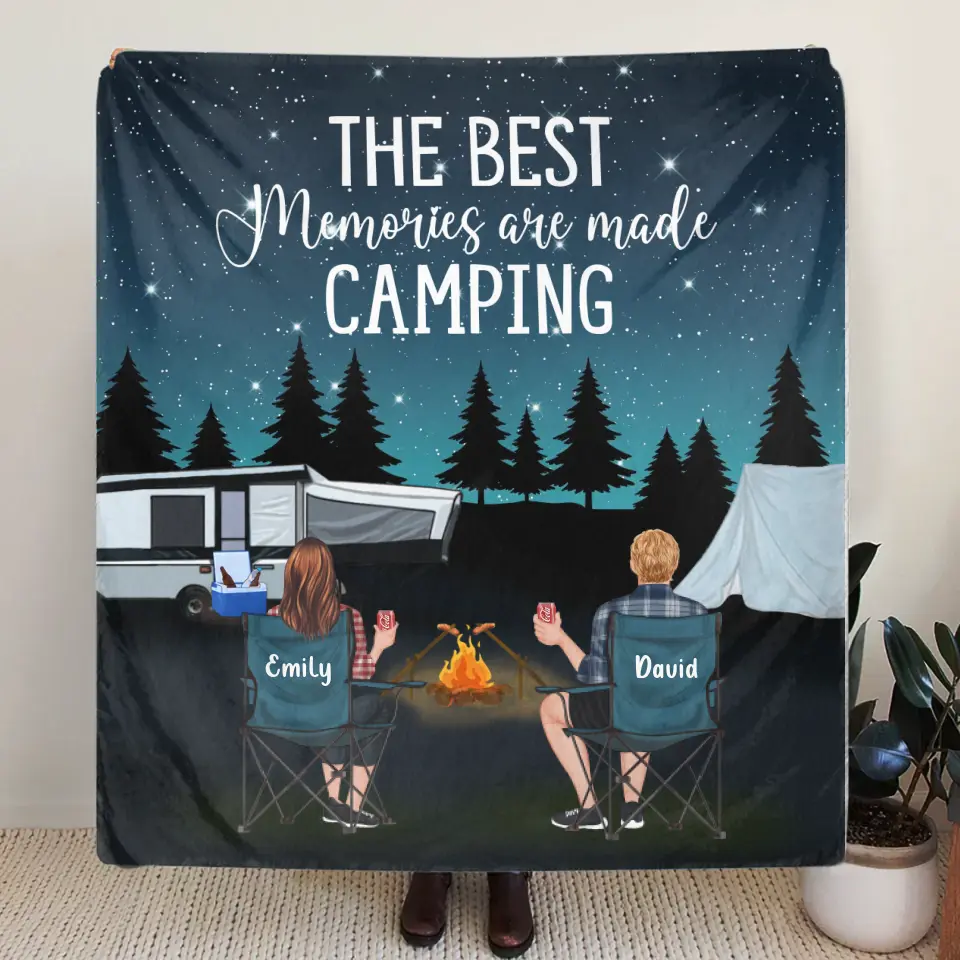 Personalized Camping Quilt/Fleece Throw Blanket - Gift Idea For Couple, Camping Lovers, Family - Up to 5 Kids, 4 Pets - The Best Memories Are Made Camping