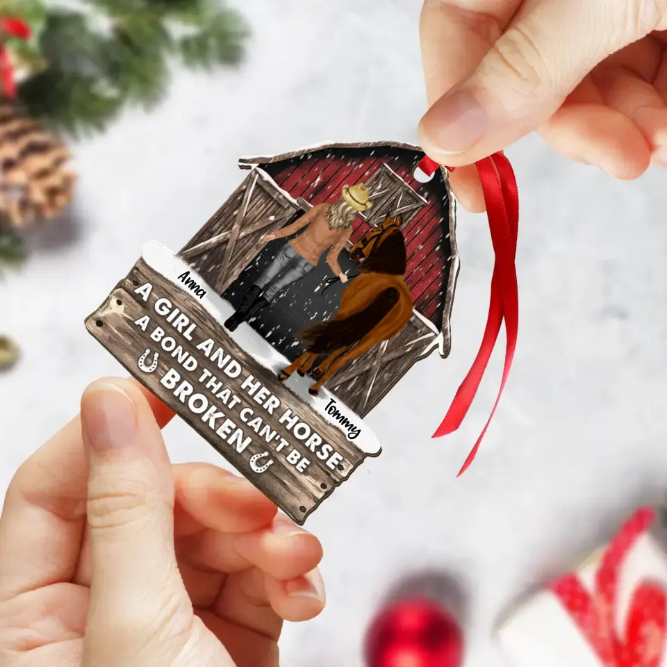 Personalized Horse Lover Red Barn Christmas Acrylic Ornament - Gift Idea For Horse Mom - A Girl And Her Horse A Bond That Can't Be Broken